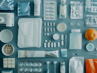 various medical products and items laid out on the be