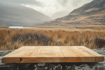 Weathered wooden product display with Irish highlands on background