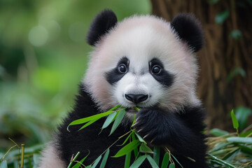 Baby panda eating bamboo in the forest, National panda day