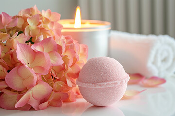Obraz na płótnie Canvas Orange pink bath bombs with hortensia on white table, lit candle