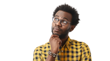 Photo of minded dark skin guy look empty space touch chin face think isolated over transparent background