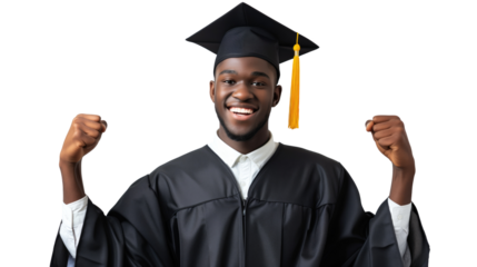 Excited graduate student in gown with risen hands on transparent