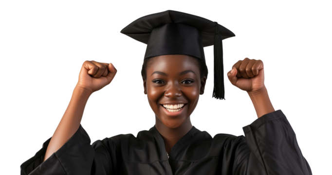 Graduate Day. Happy and cheerful young woman wearing a graduation cap raised her hands up while standing on transparent background - Powered by Adobe