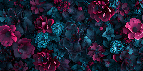 velvet black flowers seamless wallpaper in - obrazy, fototapety, plakaty