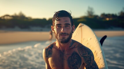 Young handsome man with tattoos is standing on the beach with a surfboard - obrazy, fototapety, plakaty