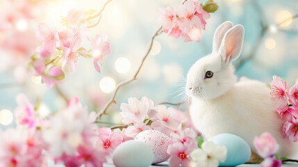 Easter bunny, eggs and flowers on blurred background with bokeh