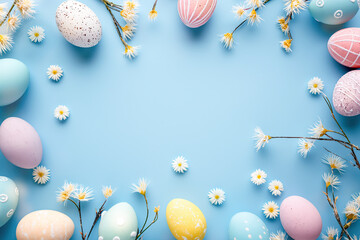 Happy Easter background with colorful eggs, flowers and copy space