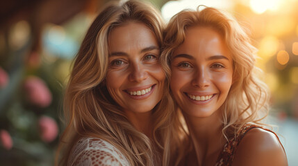 Mother and daughter with a great resemblance, together and happy, smiling. Celebrating family moments and genetic resemblance. Blurred background at sunset. - obrazy, fototapety, plakaty
