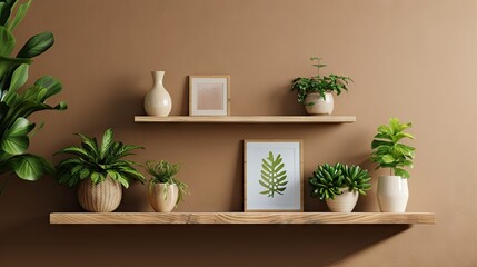 Minimal Living Space - Wooden brown shelf adorned with plants and a photo, creating a stylish and simple interior against a brown wall backdrop