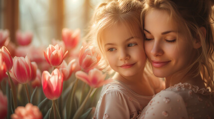 Mother and daughter together celebrating mother's day as a family with pink tulips. Blurred background and copy space.