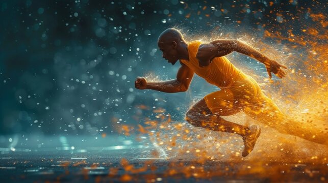 Male runner exploding from start line with fierce determination under golden lights.