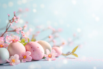 Easter background with eggs, flowers and copy space