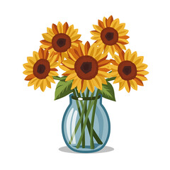 Vase with Autumnal Sunflowers, PNG File of Isolated Cutout Object with Shadow on Transparent Background.