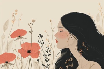 Women surrounded by flowers, isolated female character, femininity and elegance