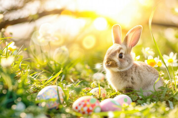 Easter bunny, eggs, grass and flowers on blurred background with bokeh