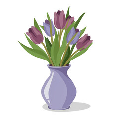 Vase with Charming Violet Tulips, PNG File of Isolated Cutout Object with Shadow on Transparent Background.