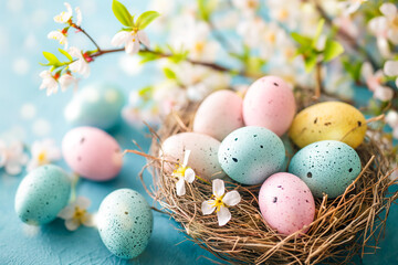 Easter background with eggs in nest, flowers and bokeh