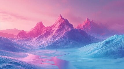 A serene fantasy landscape with vibrant pink and blue hues, possibly used for a game background, book illustration, or science fiction event. - obrazy, fototapety, plakaty