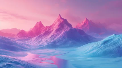 Tableaux ronds sur aluminium brossé Rose clair A serene fantasy landscape with vibrant pink and blue hues, possibly used for a game background, book illustration, or science fiction event.