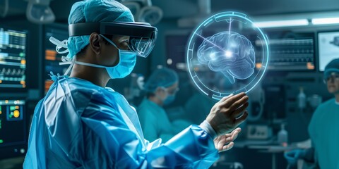 Futuristic operating room with a surgeon using augmented reality to interact with a 3D brain model, indicating advanced medical procedures and technology.