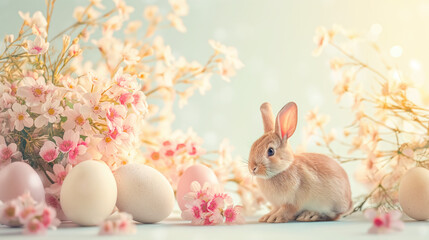 Easter background with bunny, eggs and flowers