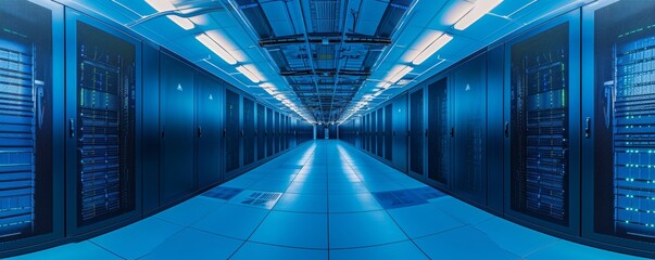 Futuristic data center with rows of server racks under blue lighting, conveying a high-tech and secure atmosphere, suitable for tech events or Cyber Monday promotions.