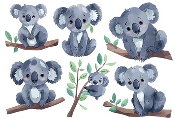 Set of koala, different poses watercolor style, adorable, white background