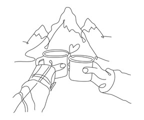 Vector one line art illustrations of a hands holding mugs of tea against the background of mountains, couple in love