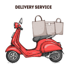 Delivery scooter hand drawn sketch. Goods delivery. Vector illustration. Logistics and delivery scooter. Fast delivery of goods.