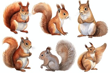set of squirrels on an isolated white background, watercolor illustration