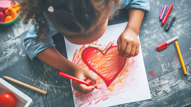 A child draws a bright red heart, a symbol of love, a holiday card for Mother's Day, March 8. Children's imagination