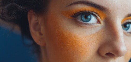 a close up of a woman's face with bright orange and yellow eyeshadow and a blue background.