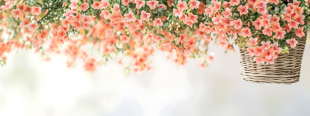 white background with pink flowers hanging in a baske