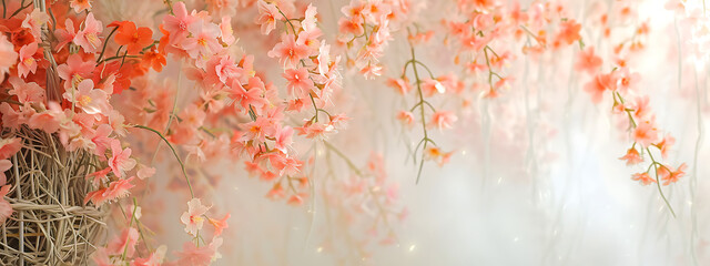 white background with pink flowers hanging in a baske - obrazy, fototapety, plakaty