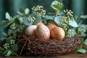 Fototapeta na wymiar Idea for an Easter card featuring an egg nest and eucalyptus