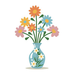 Vase with Whimsical Wildflowers, PNG File of Isolated Cutout Object with Shadow on Transparent Background. 