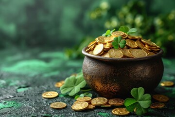 On a wooden table against a green backdrop, a pot of gold coins and clover for St. Patrick's Day