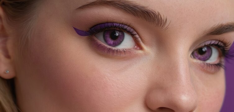 a close up of a woman's face with purple eyeliners on her eyes and a purple background.