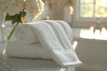 A pristine white towel hangs in a well-lit bathroom, inviting comfort and cleanliness after a refreshing shower