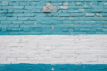 white brick wall with blue and white stripes in