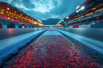 Asphalt racing track finish line and illuminated race sport stadium at night.