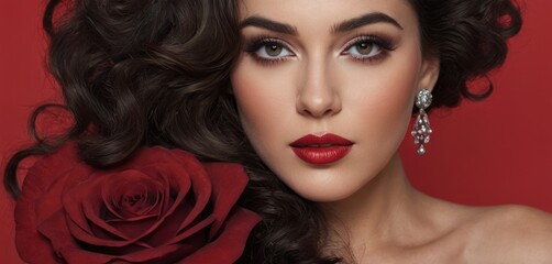 Fototapeta premium a close up of a woman with a red rose in her hair and a red rose in her other hand.
