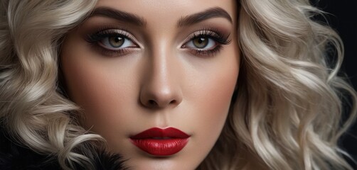 a close up of a woman's face with long blonde hair and a red lipstick on a black background. - obrazy, fototapety, plakaty
