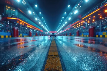 Asphalt racing track finish line and illuminated race sport stadium at night.