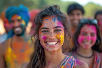 Obraz premium At the Holi festival, joyful men and women smile, covered in colorful paint.