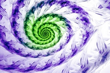 Green and Purple Spiral Design on White Background. Generative AI.