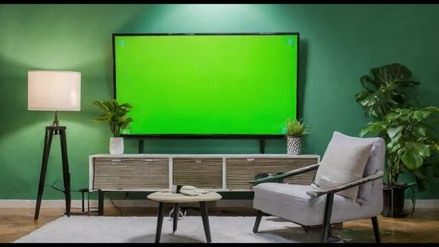 Indulge in the epitome of elegance within a lavish living room, where a magnificent TV with a captivating green screen awaits, offering boundless opportunities for artistic expression.