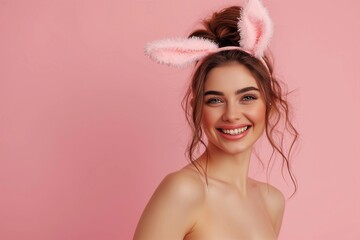 Woman on a pink background in bunny ears