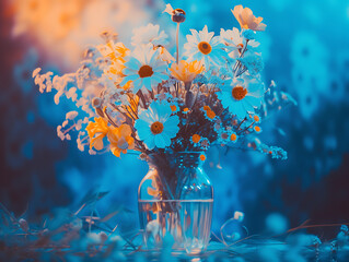 white yellow and blue flowers in a glass vase with li - obrazy, fototapety, plakaty