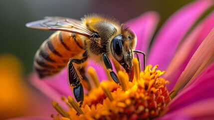 Macro shot of a bee with pollen on its legs pollinating a yellow flower.